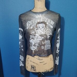 Betty Boop Graphic Long Sleeve Sheer Stretchy Blouse